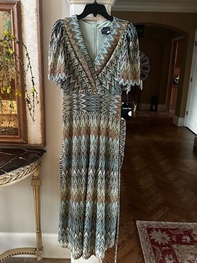 Maison Tara Zigzag Chevron Maxi Dress in Light Green, Gold, Brown